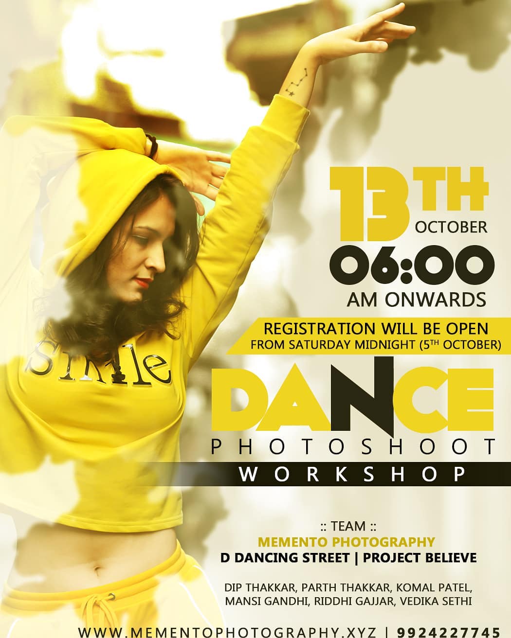 Hello Artists,

Dance Photography Workshop.

Workshop date 13th oct, 
Time 6.00am - 11.00am.

Registration will be open from Saturday Midnight(5th Oct).
( via Google form link)

Charges will be mentioned in the upcoming Registration form and  poster for particular date.

100% Prior to workshop meetup.

Thank you
Team : Mememto Photography | D Dancing Street | Project Believe

Contact 9924227745 for any queries.

#dancephotographer #dancephotographyworkshop
#ahmedabad #amdavadi #amdavad
#dancephotography #dancers #photographer #dancephoto #workshop #9924227745 #dipmementophotography #ddancingstreet #projectbelieve #streetshoot  #streetconceptshoot #conceptshoot #conceptphotoshoot #ahmedabad #exploreahmedabad
#dslrofficial  #dance #photooftheday  #dancerslife  #bestoftheday #danceshoot 
#indiaportraits #indiaphotoproject #conceptworkshop #keepdancing